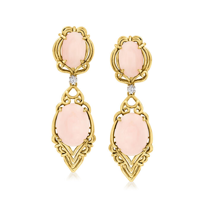 C. 1970 Vintage Pink Coral and .20 ct. t.w. Diamond Clip-On Drop Earrings in 18kt Yellow Gold
