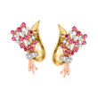 C. 1950 Vintage 1.35 ct. t.w. Ruby and .40 ct. t.w. Diamond Flower Bouquet Earrings in 14kt Tri-Colored Gold
