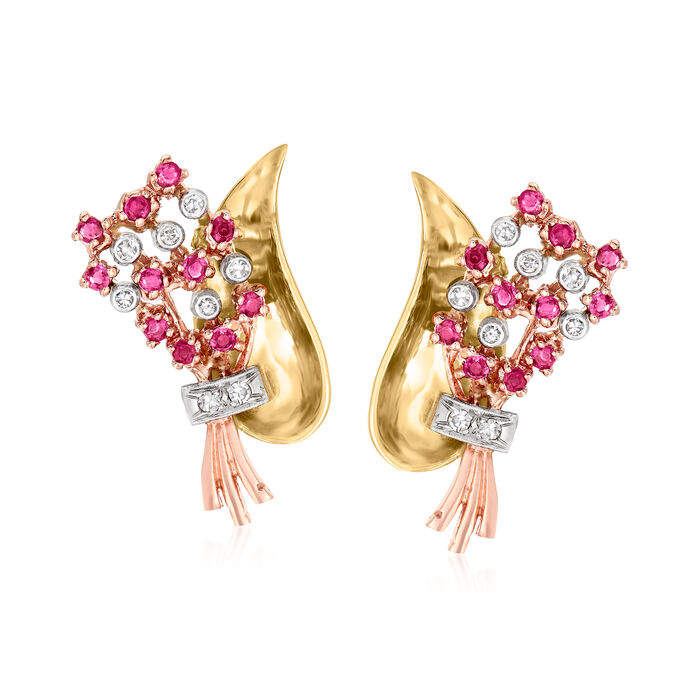 C. 1950 Vintage 1.35 ct. t.w. Ruby and .40 ct. t.w. Diamond Flower Bouquet Earrings in 14kt Tri-Colored Gold