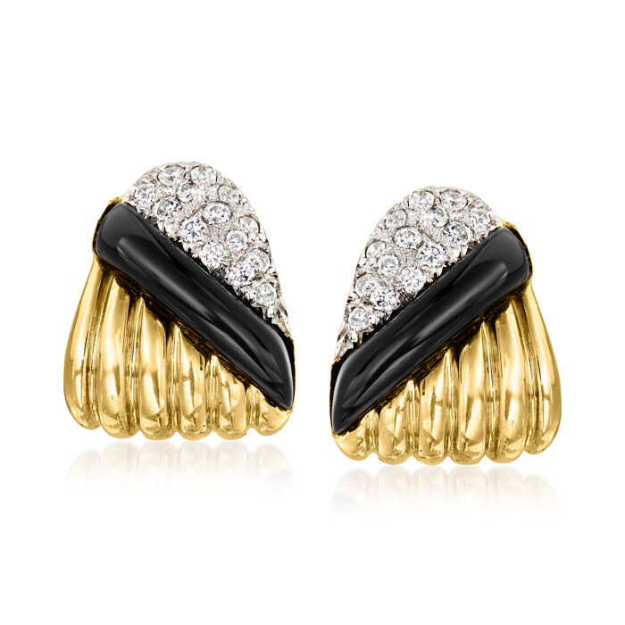 C. 1980 Vintage Onyx and .85 ct. t.w. Diamond Curved Earrings in 18kt Yellow Gold