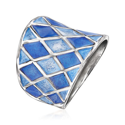 Italian Blue Enamel Harlequin Ring in Sterling Silver