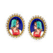 C. 1950 Vintage 3mm Cultured Pearl Hand-Painted Portrait Earrings in 14kt Yellow Gold