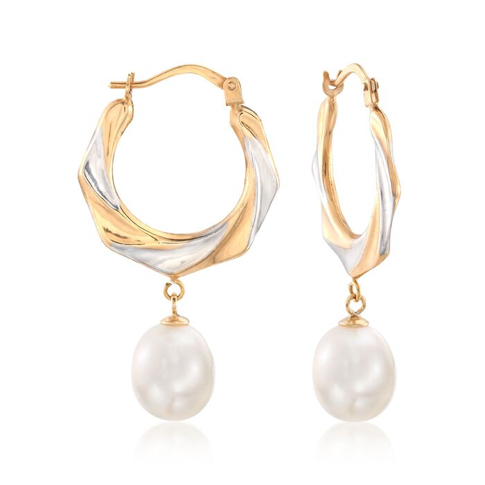 8-9mm Cultured Pearl Hoop Earrings in 14kt Two-Tone Gold