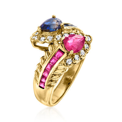 C. 1980 Vintage 1.10 ct. t.w. Ruby and 1.08 ct. t.w. Sapphire Bypass Ring with .22 ct. t.w. Diamonds in 18kt Yellow Gold