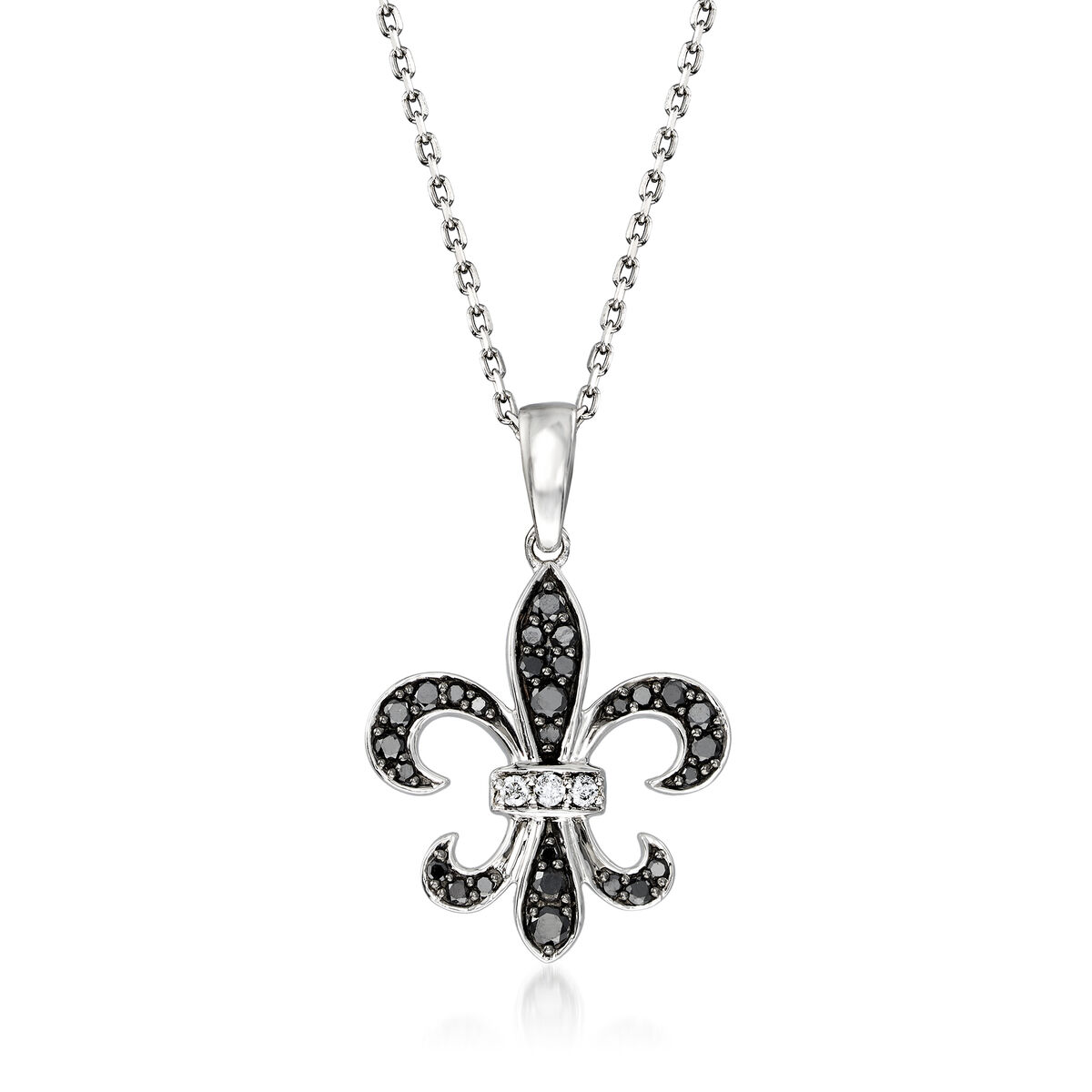 1 5/8 inch tall Sterling Silver Fleur De Lis Cross Necklace Black CZ 
