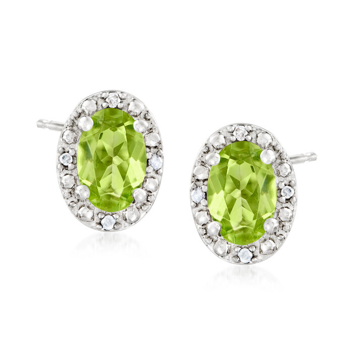 1.00 ct. t.w. Oval Peridot Stud Earrings with Diamond Accents in Sterling Silver
