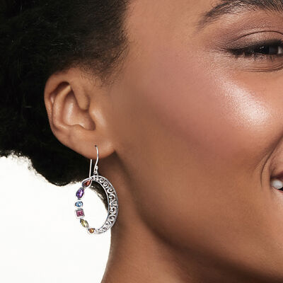 1.90 ct. t.w. Multi-Gemstone Bali-Style Filigree Circle Drop Earrings in Sterling Silver