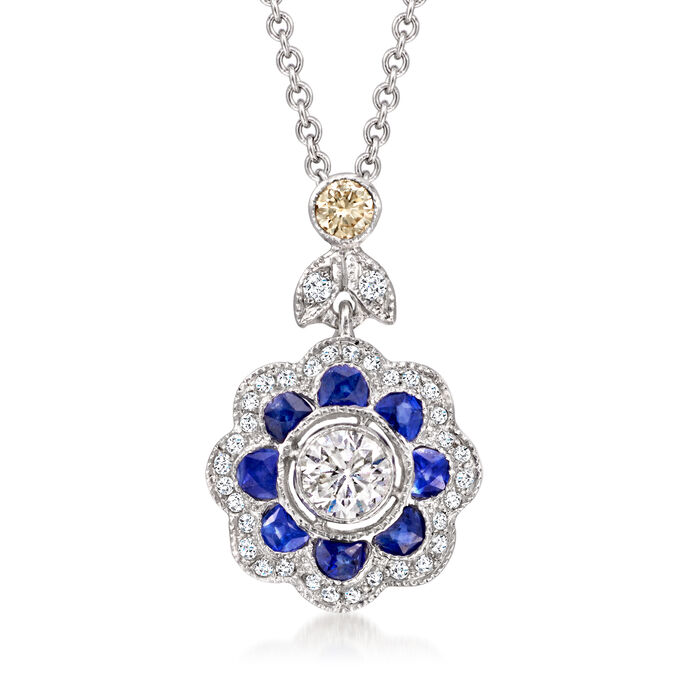 C. 1990 Vintage .65 ct. t.w. Sapphire and .58 ct. t.w. Diamond Flower Necklace in 18kt White Gold
