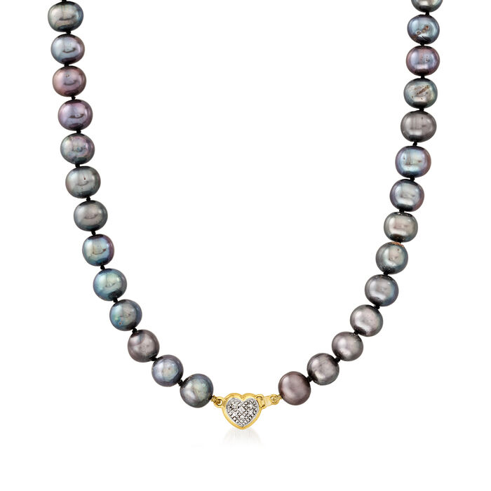 C. 1990 Vintage Black Cultured Pearl Necklace with Diamond-Accented Heart Clasp in 14kt Yellow Gold
