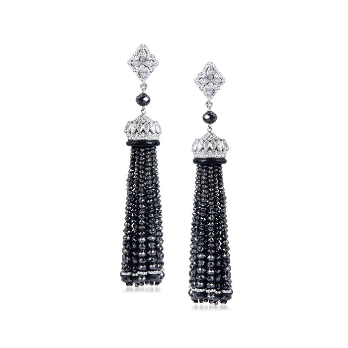 87.20 ct. t.w. Black Diamond Bead Tassel Drop Earrings with Black Onyx and 3.69 ct. t.w. White Diamonds in 18kt White Gold