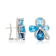 13.80 ct. t.w. Blue Topaz and .57 ct. t.w. Diamond Cluster Earrings in 14kt White Gold