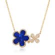 Lapis and .22 ct. t.w. Diamond Double Flower Necklace in 14kt Yellow Gold