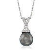 10-11mm Black Cultured Tahitian Pearl and .10 ct. t.w. White Topaz Pendant Necklace in Sterling Silver