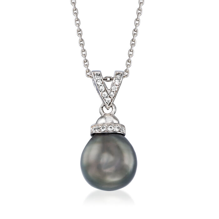10-11mm Black Cultured Tahitian Pearl and .10 ct. t.w. White Topaz Pendant Necklace in Sterling Silver