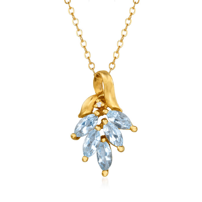 C. 1980 Vintage 1.25 ct. t.w. Aquamarine Leaf Pendant Necklace with Diamond Accent in 14kt Yellow Gold