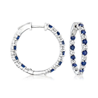 Sapphire and 1.00 ct. t.w. Diamond Inside-Outside Hoop Earrings in Sterling Silver #948991