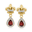 1.30 ct. t.w. Garnet Fleur-De-Lis Drop Earrings with Diamond Accents in 18kt Gold Over Sterling