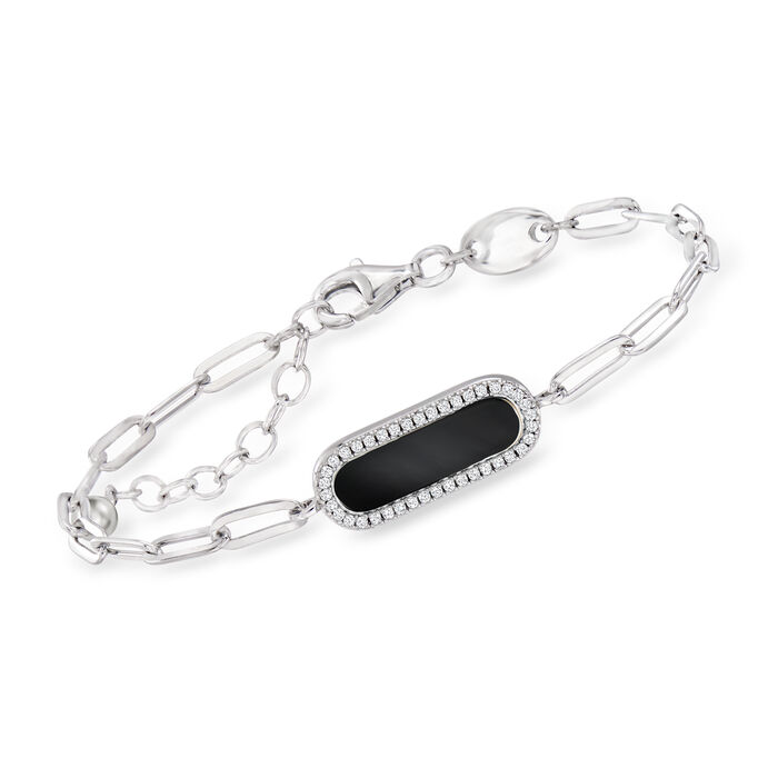 Charles Garnier &quot;Color Me&quot; Black Agate and .20 ct. t.w. CZ Paper Clip Link Bracelet in Sterling Silver