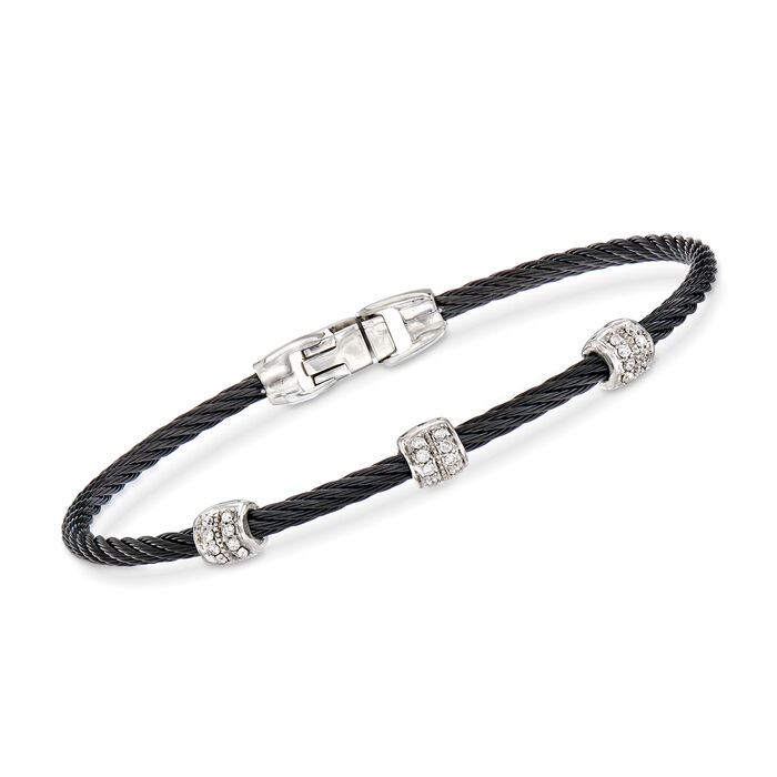 ALOR &quot;Classique&quot; Black Stainless Steel Cable Station Bracelet with .21 ct. t.w. Diamonds and 18kt White Gold