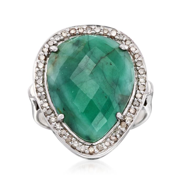 13.00 Carat Pear-Shaped Opaque Emerald and .37 ct. t.w. Champagne Diamond Ring in Sterling Silver