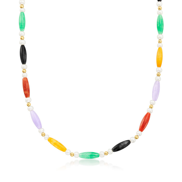 5x15mm Multicolored Jade Bead and 4-4.5mm Cultured Pearl Station Necklace with 14kt Yellow Gold