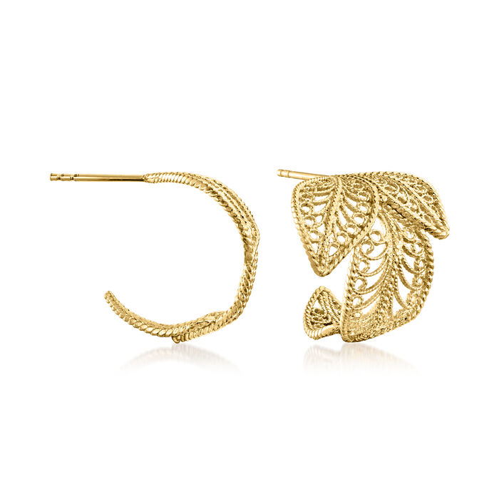 18kt Gold Over Sterling Filigree Leaf C-Hoop Earrings