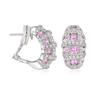 C. 1990 Vintage 5.70 ct. t.w. Pink Sapphire and 1.35 ct. t.w. Diamond Curved Earrings in 18kt White Gold