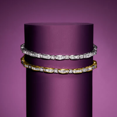 3.00 ct. t.w. Baguette and Round Diamond Bracelet in 18kt Gold Over Sterling