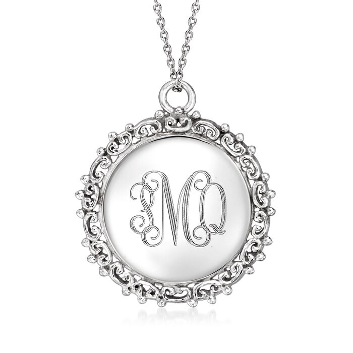 Sterling Silver Personalized Swirled Border Disc Pendant Necklace