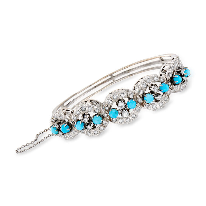 C. 1970 Vintage Turquoise Bead and 2.00 ct. t.w. Diamond Bracelet in 14kt White Gold
