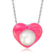 8.5-9mm Cultured Pearl and Pink Enamel Heart Pendant Necklace in Sterling Silver
