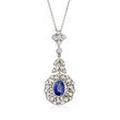 C. 1990 Vintage 1.75 Carat Sapphire and .60 ct. t.w. Diamond Floral Pendant Necklace in 14kt and 18kt White Gold