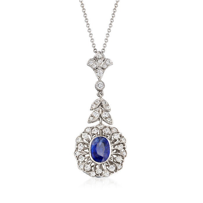 C. 1990 Vintage 1.75 Carat Sapphire and .60 ct. t.w. Diamond Floral Pendant Necklace in 14kt and 18kt White Gold