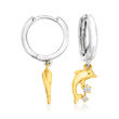 Sterling Silver and 14kt Yellow Gold Dolphin Hoop Drop Earrings with Diamond Accents