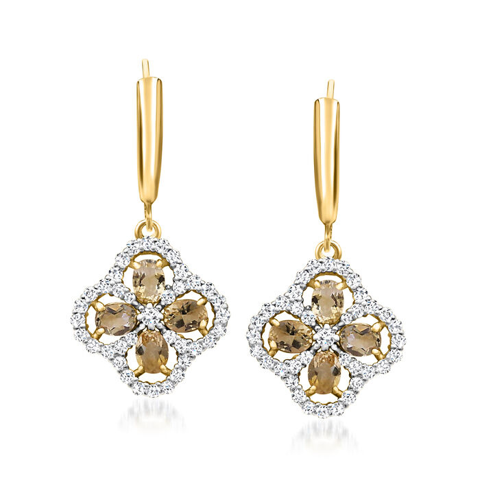 1.60 ct. t.w. Citrine Clover Drop Earrings with .60 ct. t.w. White Topaz in 18kt Gold Over Sterling