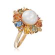 9.5-10mm Cultured Pearl and 2.30 ct. t.w. Multicolored Sapphire Ring with Diamond Accents in 14kt Gold