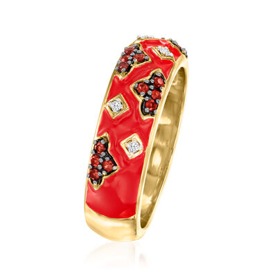 .20 ct. t.w. Garnet and Red Enamel Ring with Diamond Accents in 18kt Gold Over Sterling