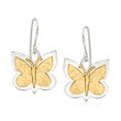 Two-Tone Sterling Silver Textured and Polished Butterfly Drop Earrings