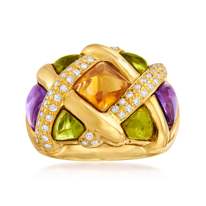 C. 1980 Vintage 5.00 ct. t.w. Multi-Gemstone and .46 ct. t.w. Diamond Basketweave Ring in 18kt Yellow Gold