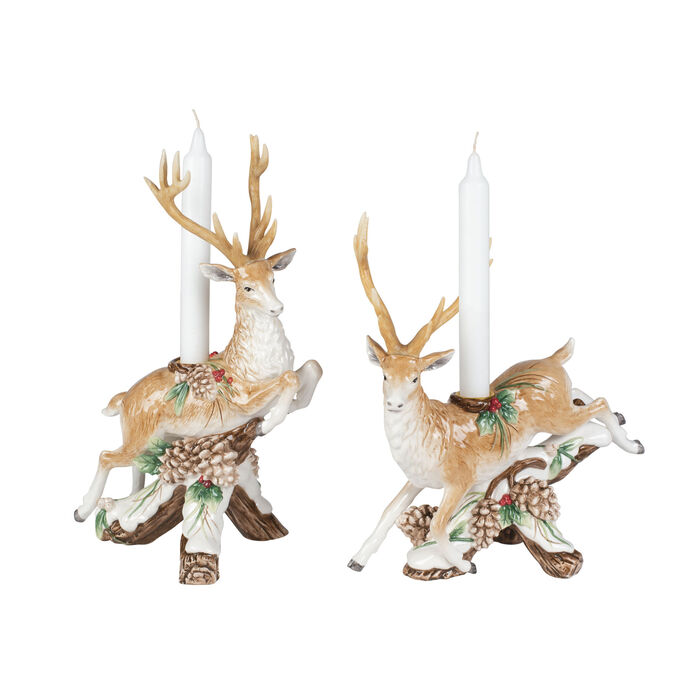 Fitz and Floyd &quot;Forest Frost&quot; Set of 2 Earthenware Leaping Deer Candleholders