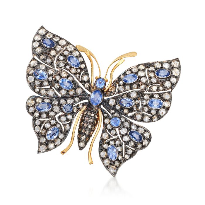 C. 1940 Vintage 4.30 ct. t.w. Diamond and 4.00 ct. t.w. Sapphire Butterfly Pin in Sterling Silver
