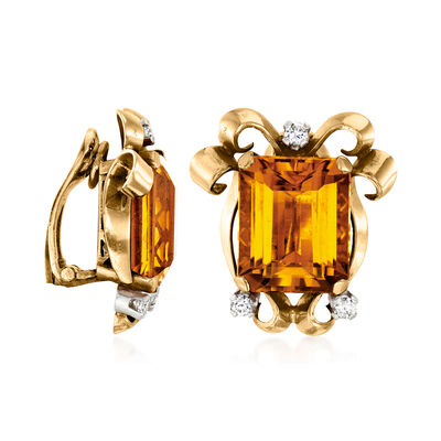 C. 1950 Vintage 20.00 ct. t.w. Citrine and .36 ct. t.w. Diamond Scroll Clip-On Earrings in 14kt Yellow Gold