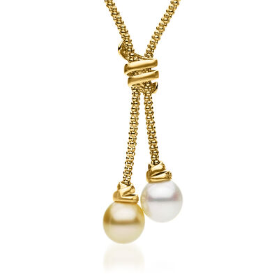 12-13mm Golden and White Cultured South Sea Pearl Lariat Necklace with .30 ct. t.w. Diamonds in 18kt Yellow Gold
