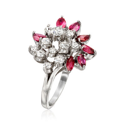 C. 1980 Vintage 1.55 ct. t.w. Ruby and 1.45 ct. t.w. Diamond Cluster Ring in 14kt White Gold