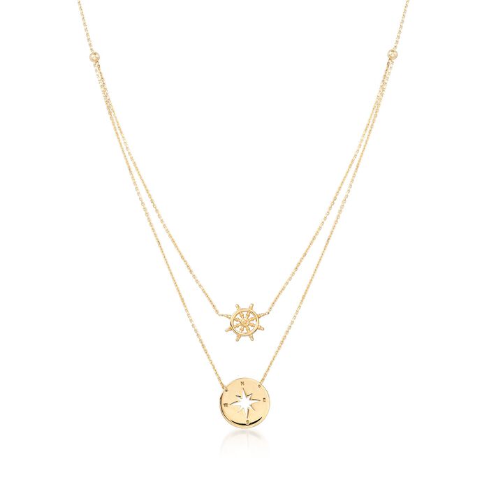 14kt Yellow Gold Nautical Helm Wheel and Compass Necklace