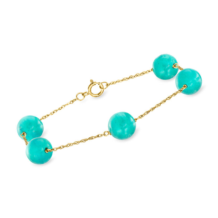 8mm Green Turquoise Bead Station Bracelet in 14kt Yellow Gold