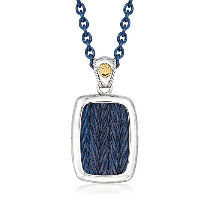 ALOR Blueberry and White Stainless Steel Dog Tag Pendant Necklace with 18kt Yellow Gold