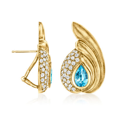 C. 1980 Vintage 2.90 ct. t.w. Sky Blue Topaz and 1.45 ct. t.w. Diamond Earrings in 18kt Yellow Gold