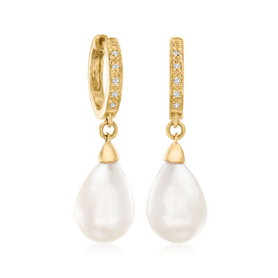 8.5-9mm Cultured Pearl Drop Earrings with Diamond Accents in 14kt Yellow Gold