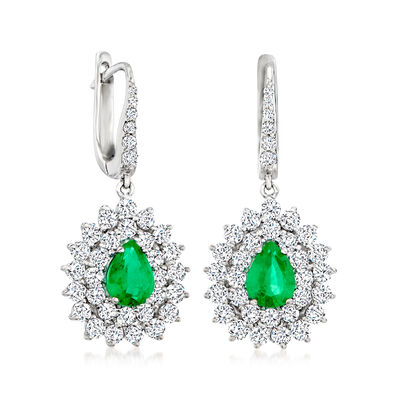 1.40 ct. t.w. Emerald and 2.00 ct. t.w. Diamond Drop Earrings in 14kt White Gold